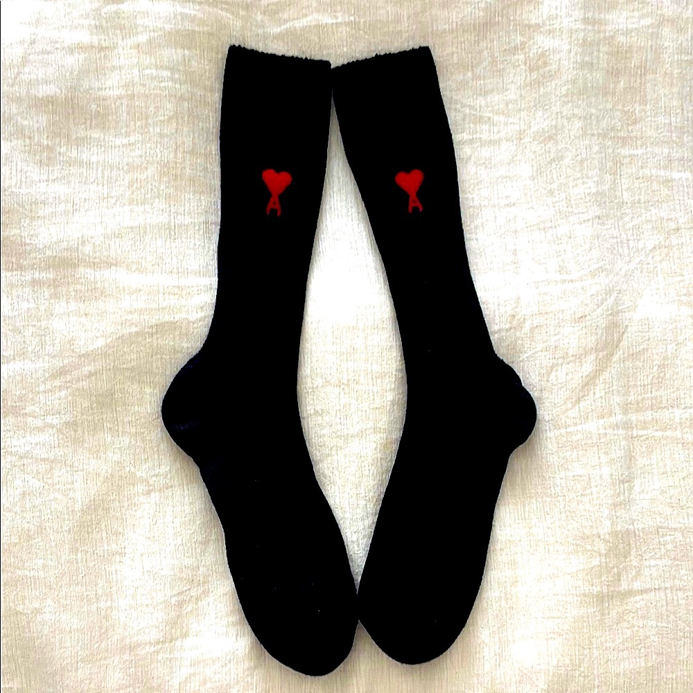 New AMI Paris Black Socks – Red Heart Embroidery – Women’s US 8–11